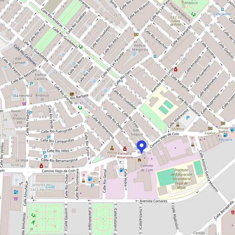 Plano de Las Lagunas, en Mijas Costa, con la tienda marcada junto a Calle Río Turón